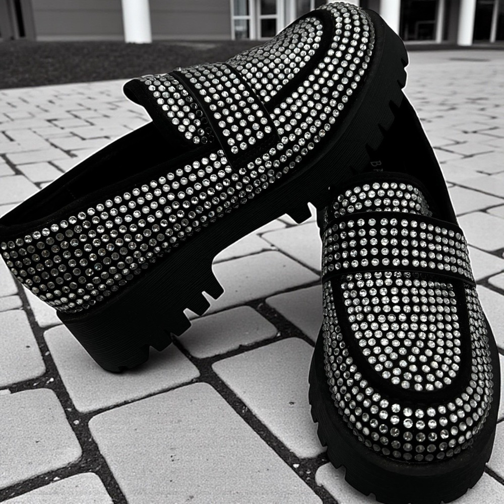 Bamboo Black Rhinestone Loafers Size 6.5 Lug Sole Sparkle Jackson Worn Once!